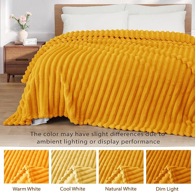 Exclusivo Mezcla Queen Size Flannel Fleece Blanket, Super Soft Striped Jacquard Bed Blanket, Lightweight Fuzzy Cozy for All Seasons, 90x90 Inches, Mustard Yellow