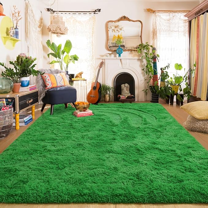 Amearea Premium Soft Fluffy Rug Modern Shag Carpet, Fuzzy Shaggy Rugs for Bedroom Living Room Teen Apartment Decor, Comfortable Indoor Furry Dorm Carpets, Green 5x7.5 Feet