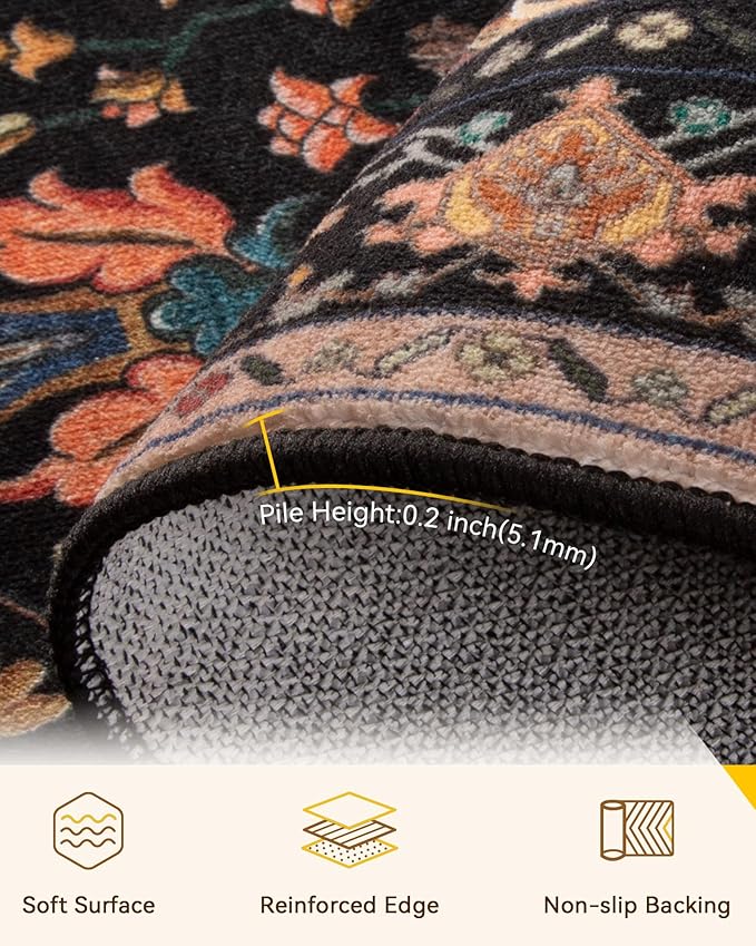 Area Rugs 10'x14' Washable Non-Slip, Floral Vintage Distress Print Pattern Medallion Carpet for Living Room Bedroom Dining Room, Black Colorful Floral Dark Tan