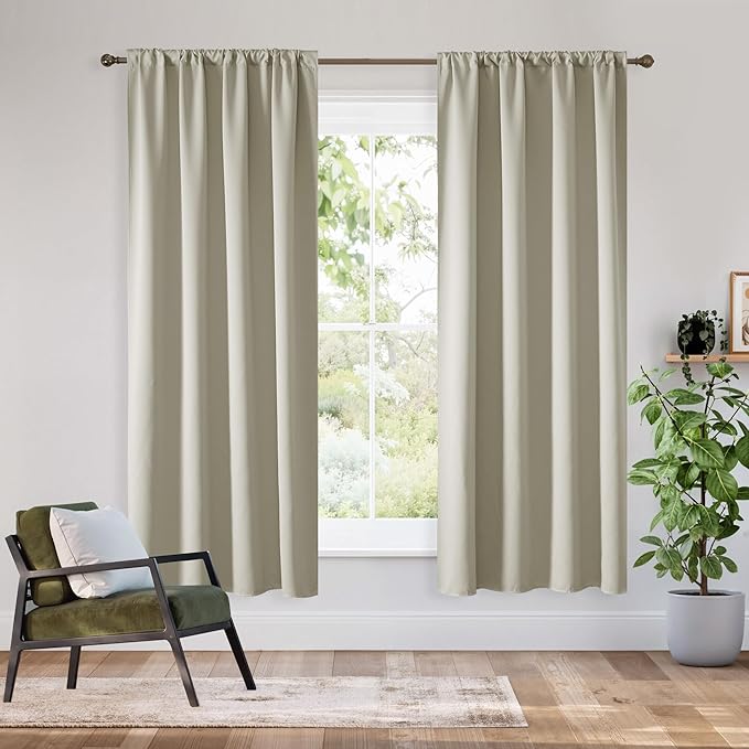 RYB HOME Bedroom Blackout Curtains 63 inches Long, 100% Blackout Thermal Insulated Noise Reducing Curtains for Living Room Nursury, 62 inches Wide by 63 inches Long, Natural