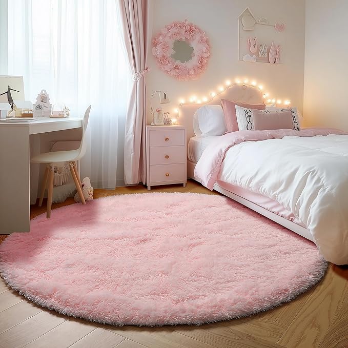 ONASAR Light Pink Round Area Rugs 2ft for Bedroom Living Room, Fluffy Cat Dog Bed Mat, Circle Rug for Kids Girls Boys Teen, Soft Plush Shaggy Carpet for Nursery Dorm Home Decor Aesthetic