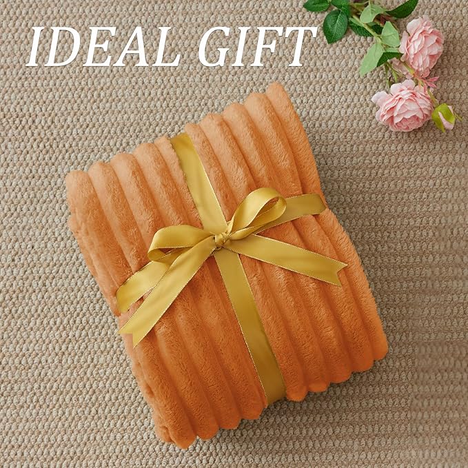 BEDELITE Twin Blanket for Couch & Bed, 300GSM Soft & Warm Fleece Blanket, Decorative and Giftable Striped Burnt Orange Blankets for Women, Men, 60"x80"