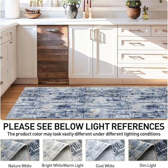 2'6''x8' Runner Rugs Washable Rug: Modern Abstract Hallway Runner Rug Indoor Soft Low Pile Thin Carpet Anti-Skid Non-Shedding Carpets for Kitchen, Entryway, Laundry, Bedroom - Blue Gold