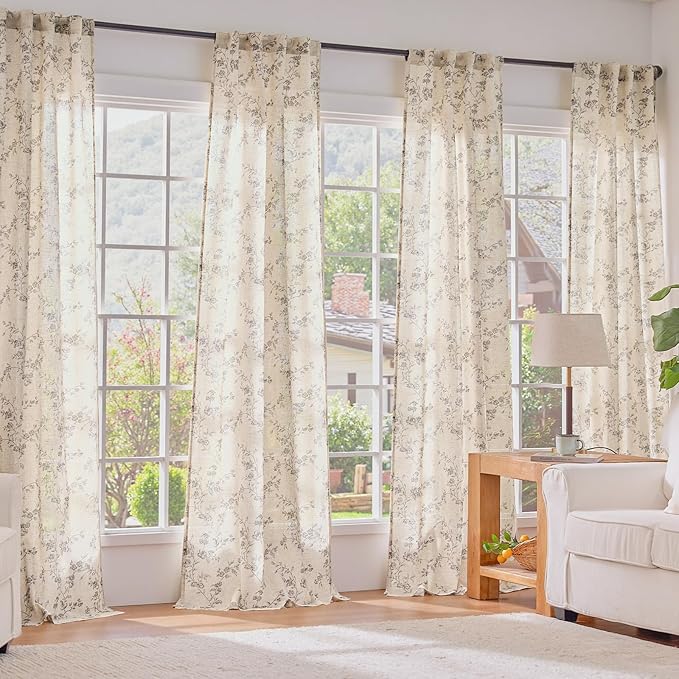 Lazzzy Grey Floral Linen Curtains 84 Inch Farmhouse Back Tab Drapes for Living Room Bedroom Light Filtering Vintage Grandmillennial Rod Pocket Curtains, 2 Panels, W38 x L84, Grey on Beige