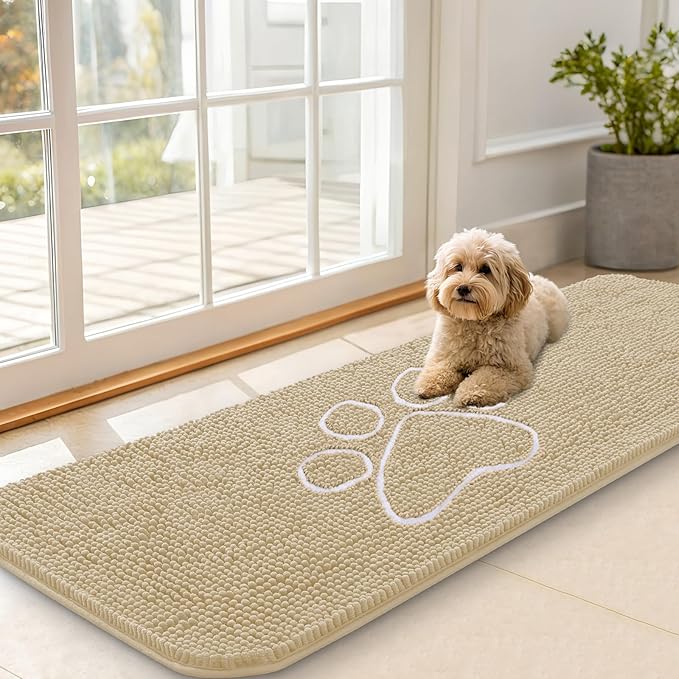 OLANLY Dog Door Mat for Muddy Paws 59x20, Paw Print Design, Absorbs Moisture and Dirt, Absorbent Non-Slip Washable Doormat, Quick Dry Chenille Mud Mat for Dogs, Entry Indoor Entryway Carpet, Beige