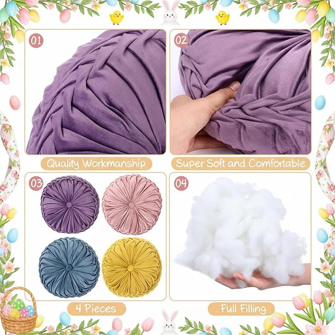 Kathfly Set of 4 Decorative Round Pleated Throw Pillows, Classy Velvet Pumpkin Round Throw Pillows, Decorative Floor Pillow for Bed Chair Home Sofa Decor, 14" Diameter (Easter Color)