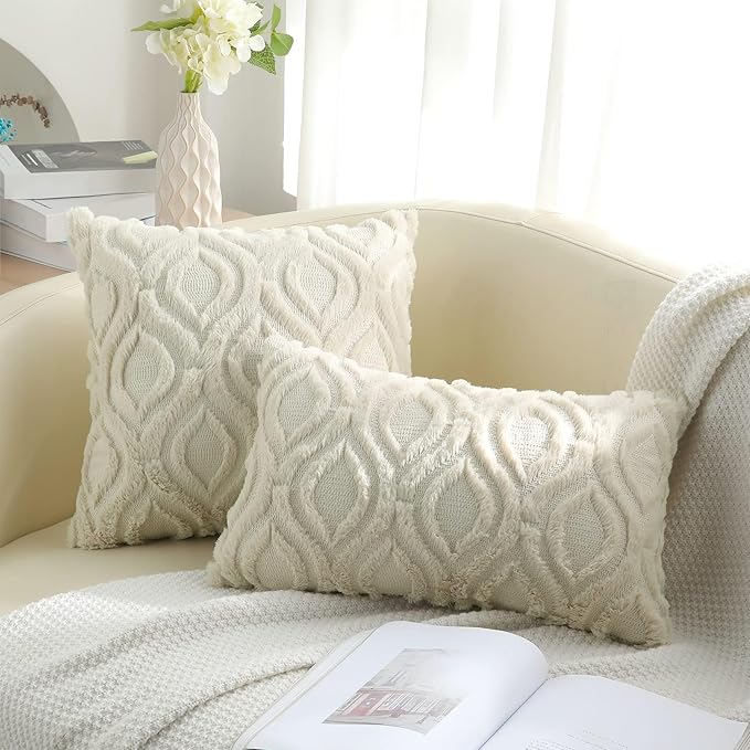 decorUhome Throw Pillow Covers 22x22 Inch Set of 2, Soft Plush Faux Wool Beige Solid Couch Pillow Covers, Accent Euro Sham Farmhouse Neutral Square Pillow Cases for Sofa Bed Living Room
