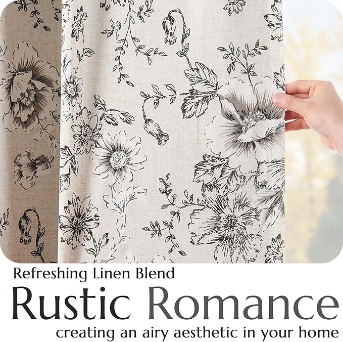 jinchan Blackout Floral Curtains for Living Room Bedroom Linen Blend Curtain Farmhouse Black Printed with Lined Back Tab Rod Pocket Drapes Window Treatments 2 Panels 90 Inch
