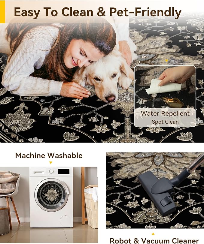 RELEANY Area Rugs 6ft Washable Non-Slip, Floral Vintage Distress Print Pattern Medallion Carpet for Living Room Bedroom Dining Room, Black Brown Neutral Dark Tan