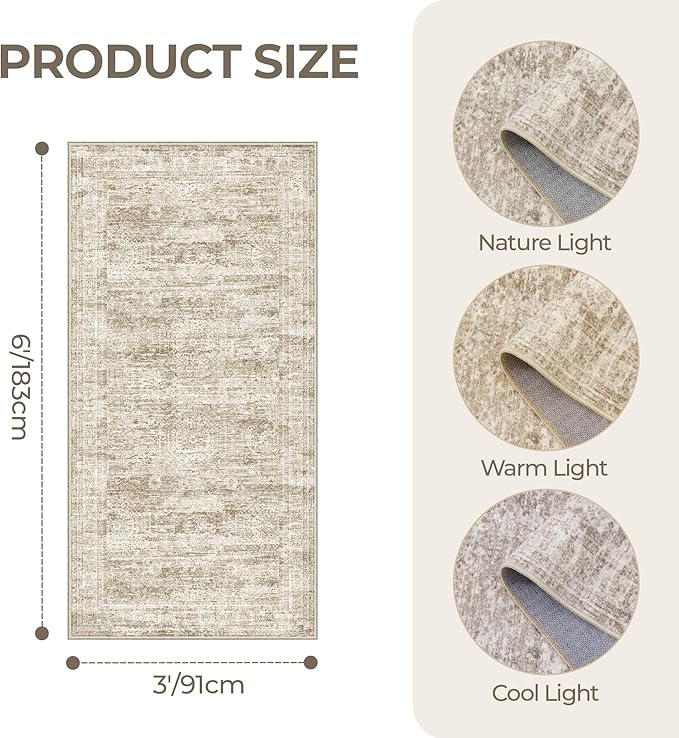 3x6 Runner Rug Non Slip, Thin Entryway Washable Rug for Entryway, Runners for Hallways, Low Pile Vintage Abstract Soft Rugs for Living Room, Kitchen, Bedroom(3'x6', Brown/Ivory)