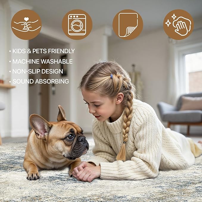 Area Rugs 6x9 for Living Room Bedroom, Modern Abstract Machine Washable Rug, Large Soft Low Pile Floor Carpet with Non Slip Backing for Dining Room, Blue Mist