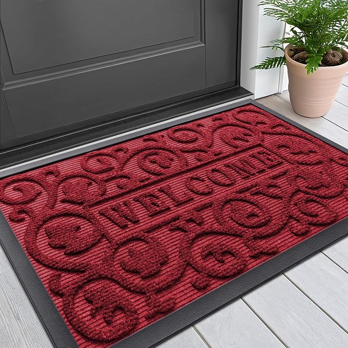 Smiry Welcome Door Mat Outside Entrance, Heavy Duty Trap Dirt and Moisture Easy Clean Low Profile Patio Porch Indoor Outdoor Front Doormat for Entry, 29.5x17 Inch, Burgundy