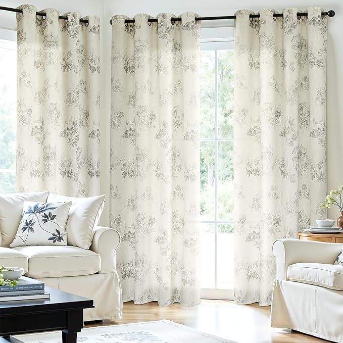 Yakamok Grey Floral Linen Curtains for Living Room 84 Inches Long,Printed Floral Curtains Farmhouse Grommet Bedroom Curtain 2 Panels
