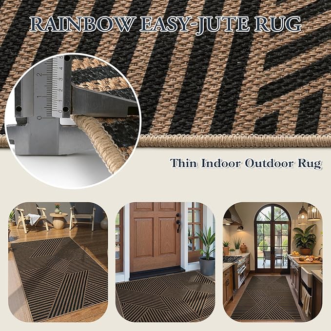 Lahome Enfys Modern Geometric Outdoor Easy Jute Rug, 3x5 Indoor Outdoor Rugs for Living Room Black Entryway Carpet, Farmhouse Washable Non Slip Carpet for Patio Courtyard Bedroom