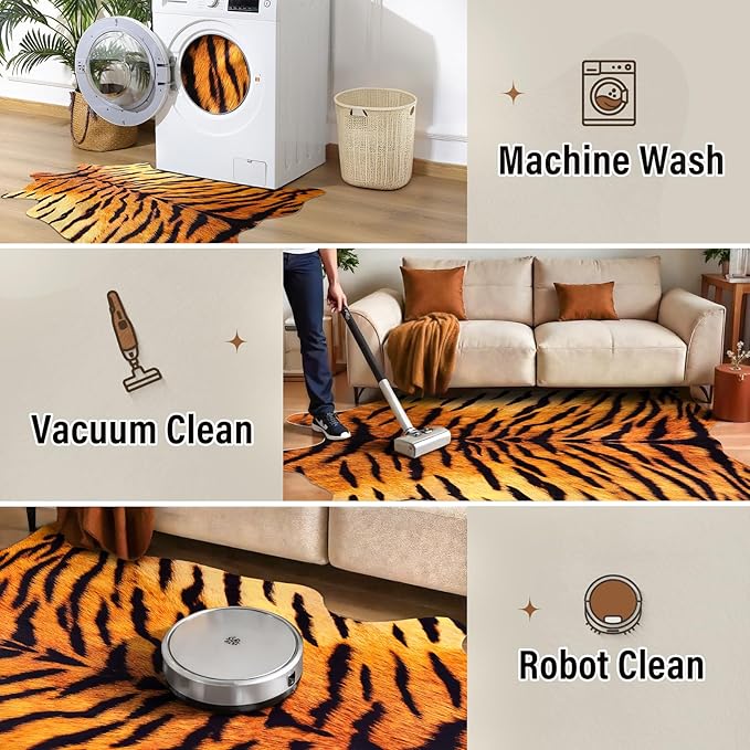 AROGAN Premium Tiger Print Rug 4.6x5.2 Feet, Machine Washable Faux Fur Rug, Non-Slip Animal Print Hide Tiger Skin Area Rug for Bedroom Living Room Home Decor