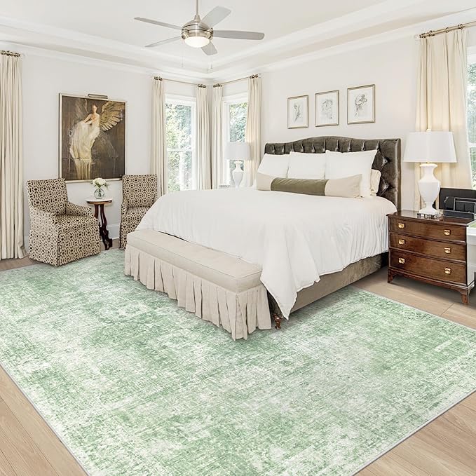 Area Rug 9x12 Washable Rug, Vintage Boho Medallion Rugs Non-Slip Soft Low Pile Large Distressed Rug Indoor Retro Carpet for Living Room Bedroom Dining Room Home Office (SageGreen, 9'x12')