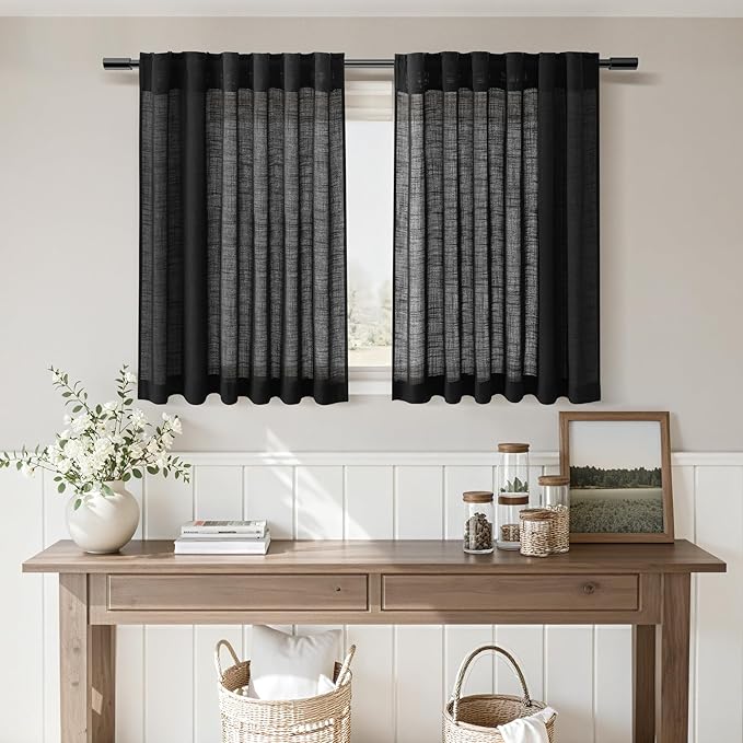 Nanspring Short Linen Kitchen Curtains 36 Inch Length,Over Sink Black Privacy Semi Sheer Curtains Back Tab and Rod Pocket Drapes for Basement Bathroom Window 42 x 36 Inch,2 Panels