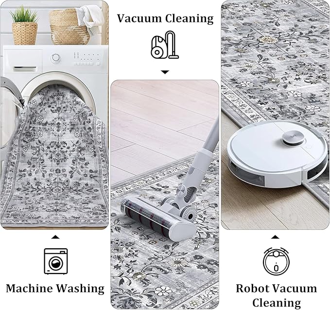 Yamaziot Washable Runner Rug 2x8 – Non Slip Boho Floral Hallway Runner Rug with Rubber Backing, Low Pile Faux Wool Distressed Carpet for Kitchen, Laundry, Bedroom, Entrance, Gray