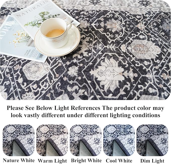 Washable Large 9x12 Area Rug: Indoor Oriental Living Room Carpet with Non Slip Backing Ultra Soft Low Pile Rugs for Bedroom Dining Room Distressed Stain Resistant Thin Floor Mat (9x12 Black)