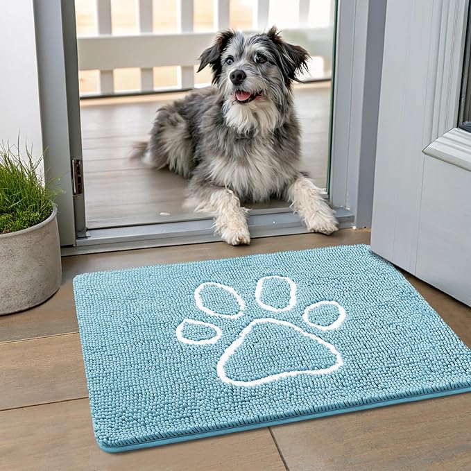 Smiry Dog Door Mat for Muddy Paws, Absorbent Dirt Trapper Non Slip Quick Dry Washable Chenille Mat for Mud Dogs, Entry Rug for Indoor and Outdoor (24x16 Inches, Sky Blue and White)