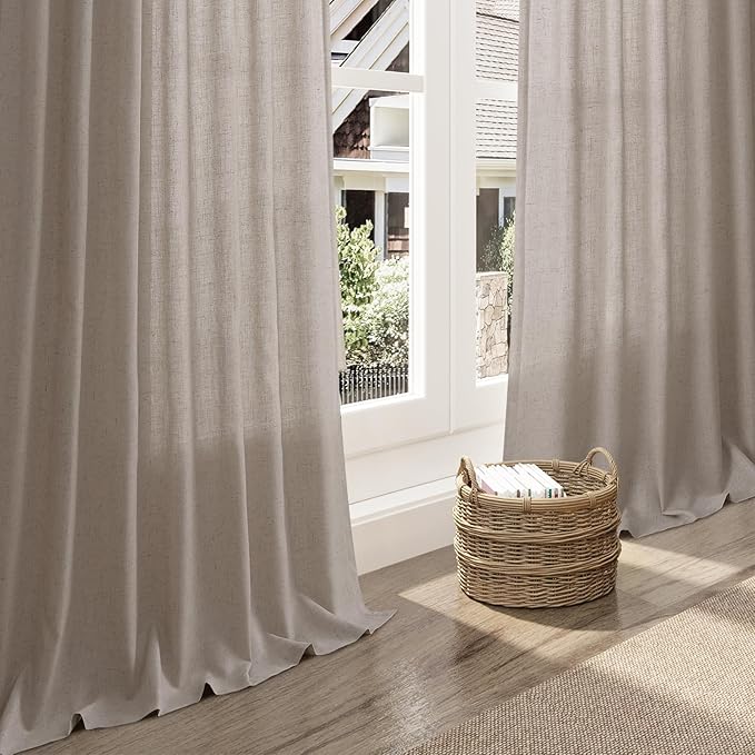 Nanspring Stone Beige Linen Curtains 84 Inches Long for Living Room Light Filtering Semi Sheer Curtain Back Tab Simple Modern Elegant Farmhouse Luxury Drapes for Bedroom Office 52x84,2 Panels