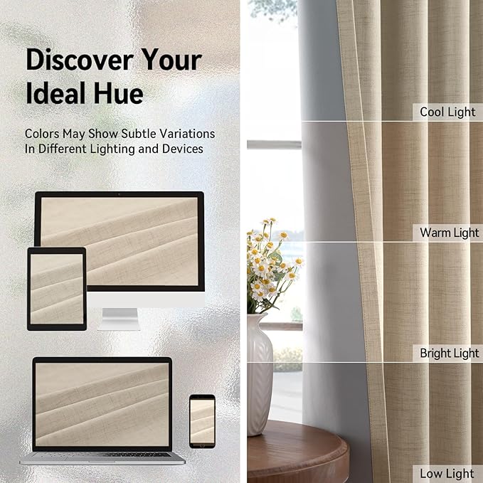 100% Blackout Shield Linen Blackout Curtains for Bedroom, Natural Flax Grommet Curtains for Living Room, Thermal Insulated Room Darkening Drapes for Nursery, Boho Home Decor, 50" W x 108" L, 2 Panels