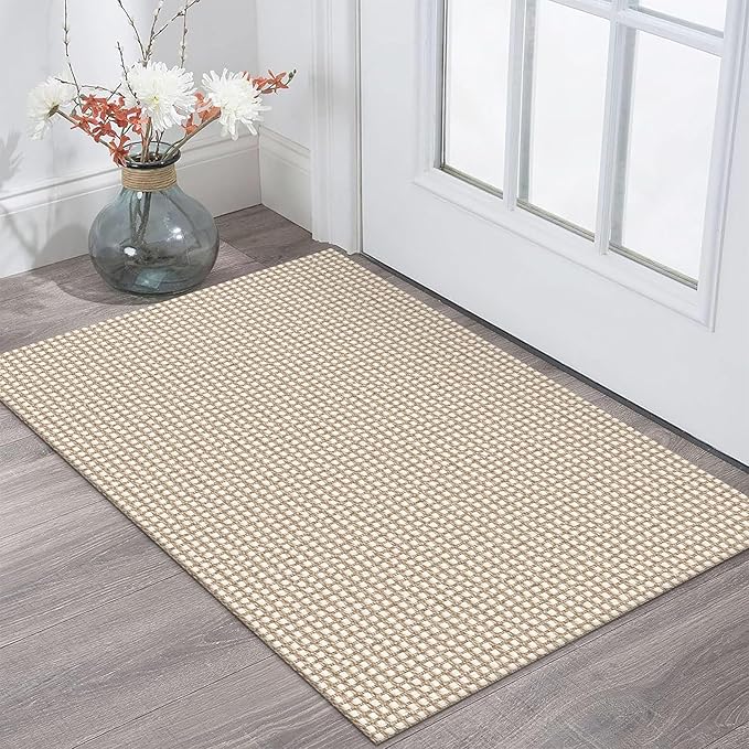 KOZYFLY Indoor Door Mat 2x3 ft Small Area Rugs Washable Front Door Mat Non Slip Rubber Backed Entryway Rug Cotton Entrance Doormat for Front Porch Bathroom Kitchen Bedroom, Ivory/Khaki