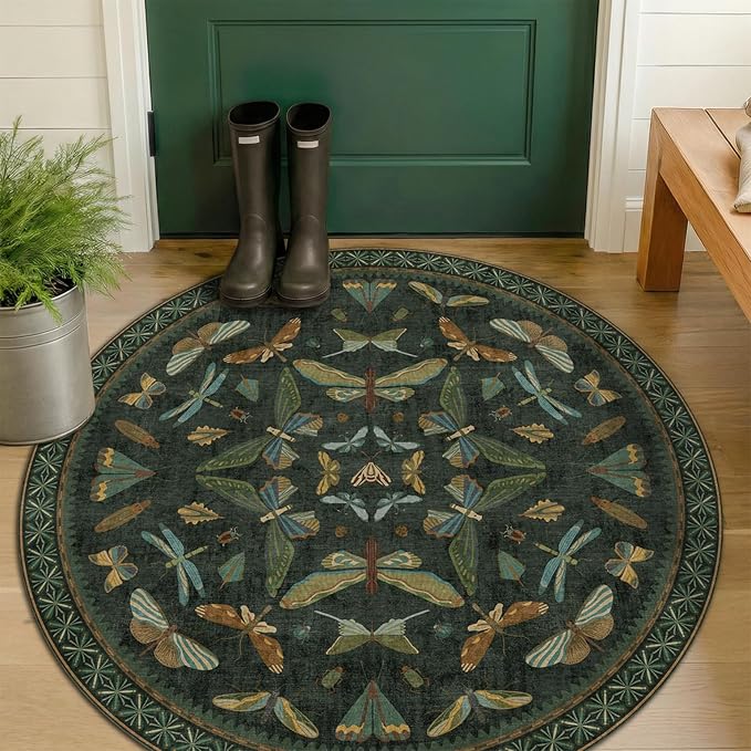 Vintage Dark Green 4ft Round Small Rug for Entryway Indoor - Soft Washable Circle Throw Rugs for Living Room, Home Office, Reading Corner, Insect Stain Resistant Kitchen Carpet, Boho Home Décor