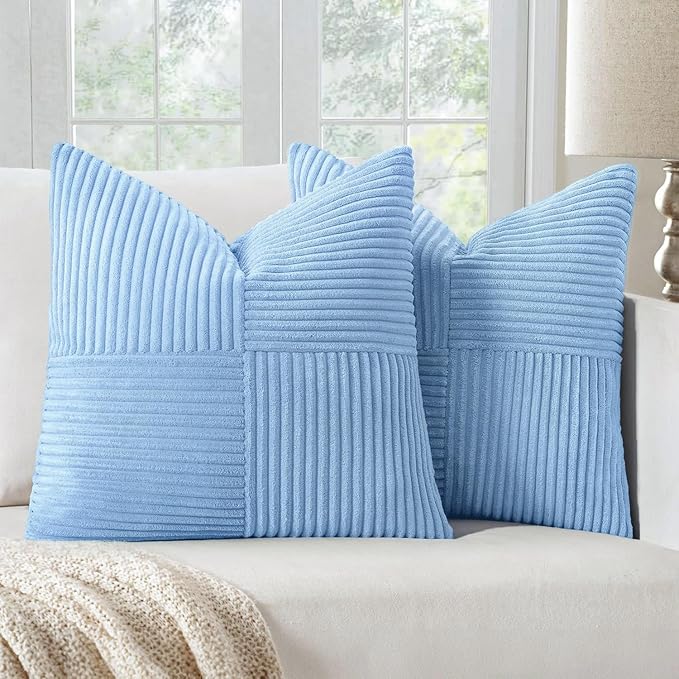 MIULEE Light Blue Decorative Throw Pillow Covers 18x18 Inch for Couch Bed Sofa Pack of 2 Boho Farmhouse Throw Pillows Soft Cross Corduroy Patchwork Textured Cushion Cases