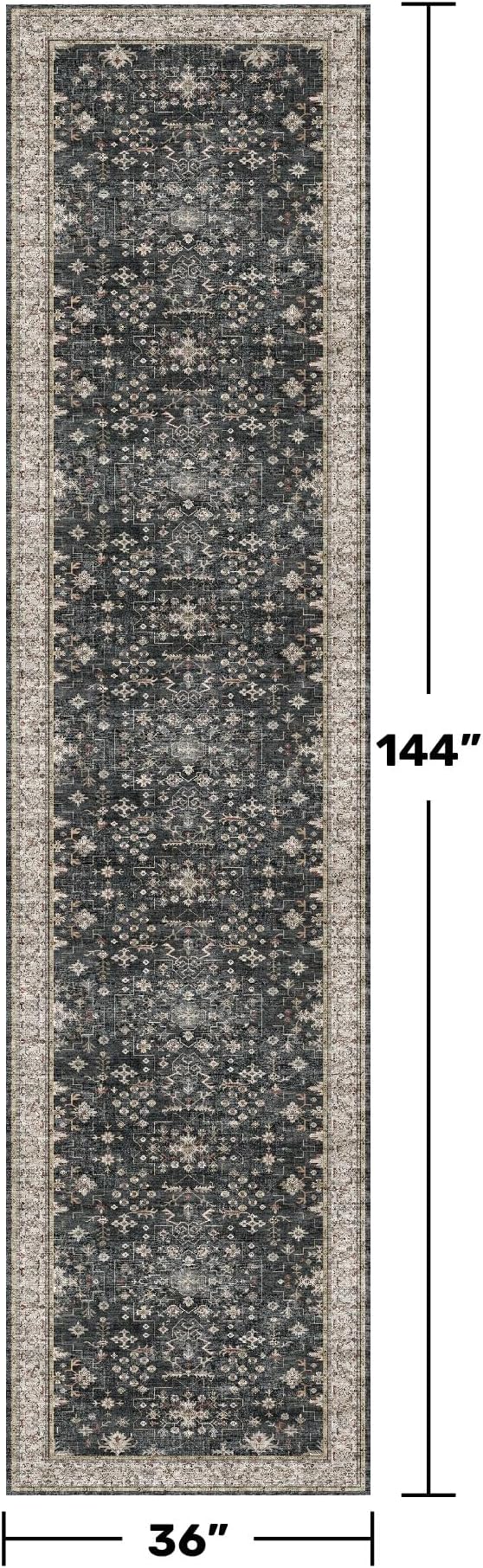 Hazo Haus Black Boho Washable 3x12 Extra Long Runner Rug for Hallway, Waterproof Large Kitchen Floor Rug, Non-Slip Stain & Fade Resistant, Vintage Floral Decor