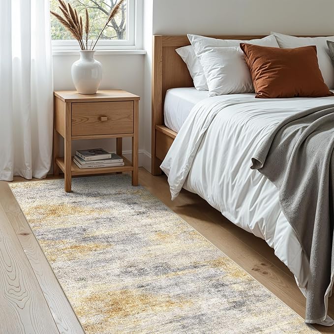 2x5 Washable Kitchen Runner Rug: Modern Abstract Runners for Hallway Soft Non Slip Rugs with Rubber Backing Low Pile Thin Floor Carpet for Entryway Bedroom Bathroom Bedside Indoor(Grey/Yellow,2x5)