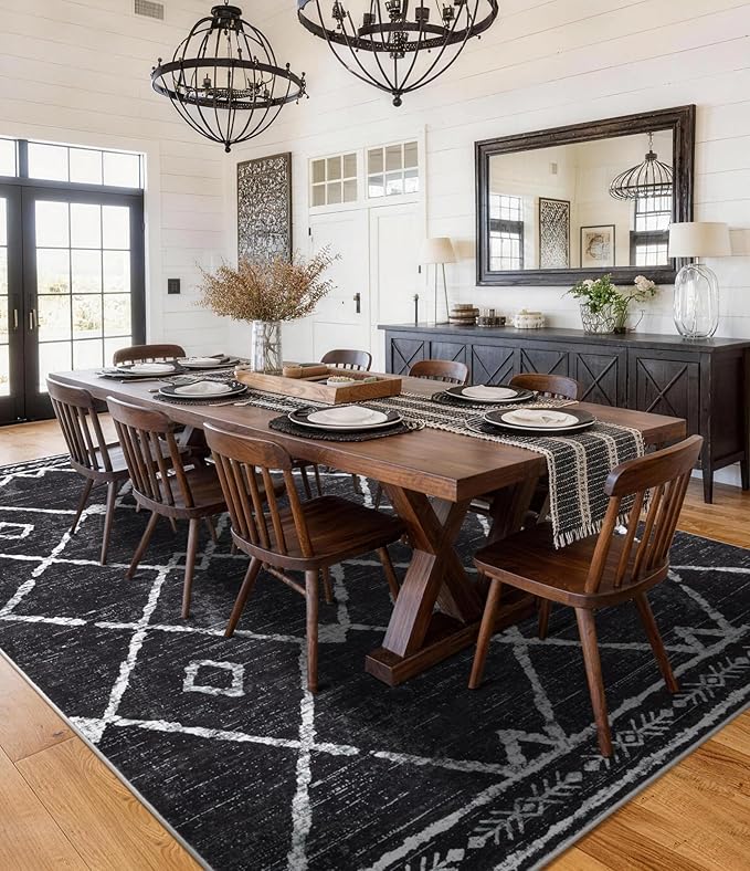 YIHOUSE Moroccan Area Rugs for Living Room 5x7, Black and White Aztec Rug, Western Geometric Soft Low-Pile Washable Rugs for Bedroom, Dining Room