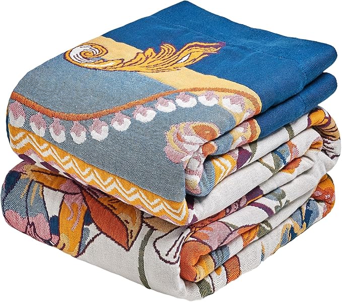 MSGKV Boho Throw Blanket 50"x60" Couch Floral 100% Cotton Blanket Spring Breathable Lightweight Blankets for Sofa All Seasons Home Decor Muslin