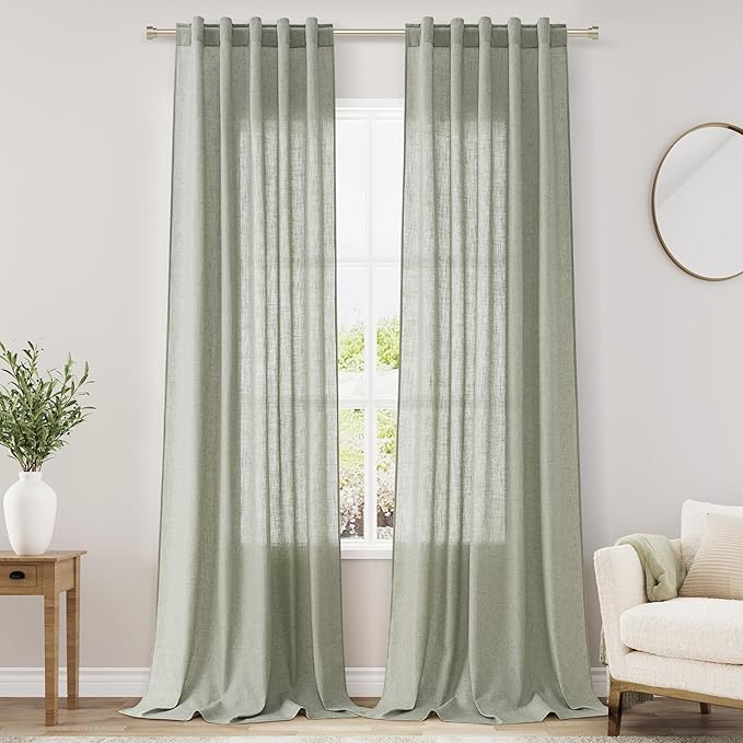 Sage Green Boho Curtains for Bedroom Back Tab Rod Pocket Semi Sheer Linen Curtains 90 Inches Long 2 Panel Set Light Filtering Neutral Green Farmhouse Curtain for Living Room 40x90