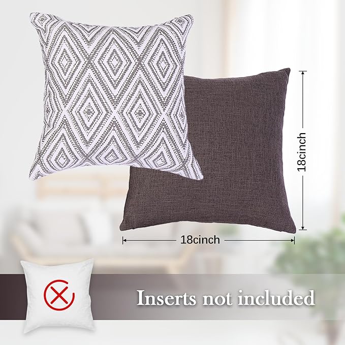 HPUK Decorative Throw Pillow Covers Set of 4 Dark Gray Geometric Design Linen Cushion Cover for Couch Sofa Living Room, 18"x18", Natural