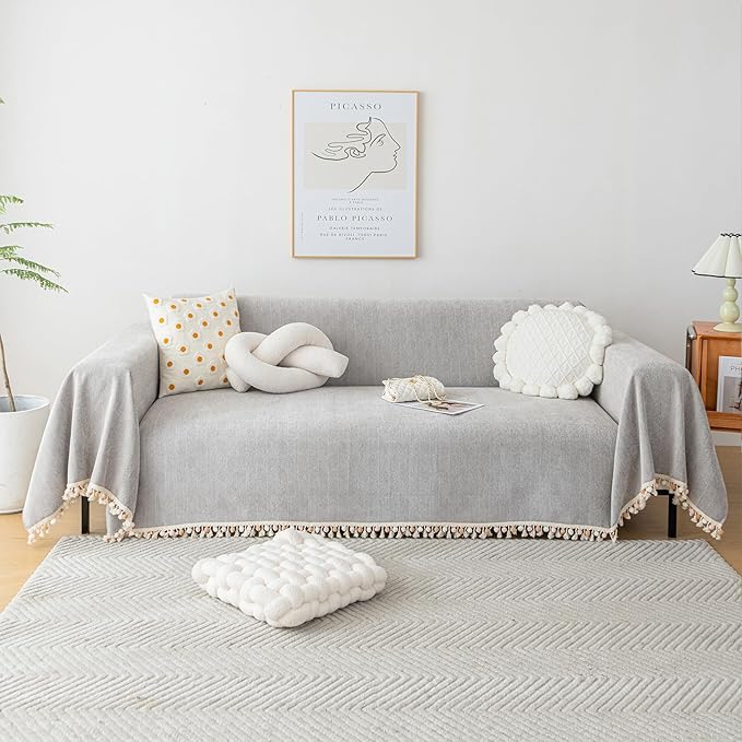 HANDONTIME Grey Sofa Cover for Couch Boho Couch Cover for 3 Seat Couches Dog Couch Cover Love Seat Couch Covers Light Grey Sectional Cover 91" X150" Tassel Chenille Herringbone Sofa Covers