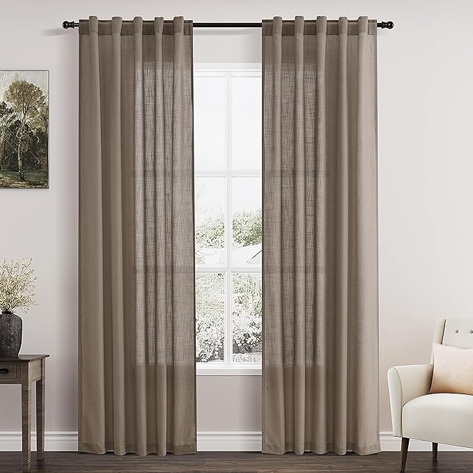 Dark Taupe Linen Curtains 84 Inch Length 2 Panels for Bedroom Back Tab Pocket Semi Sheer Light Filtering Curtains Burlap Textured Farmhouse Curtain for Living Room Dining Room Aesthetic Decor 40x84