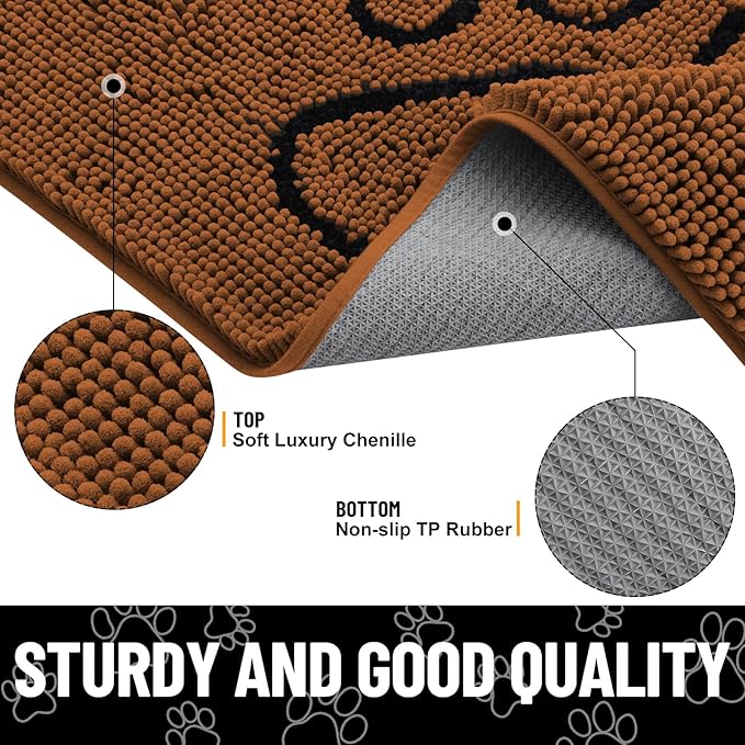 Smiry Dog Door Mat for Muddy Paws, Absorbent Dirt Trapper Non Slip Quick Dry Washable Chenille Mat for Mud Dogs, Entry Rug for Indoor and Outdoor (30x20 Inches, Ochre and Black)