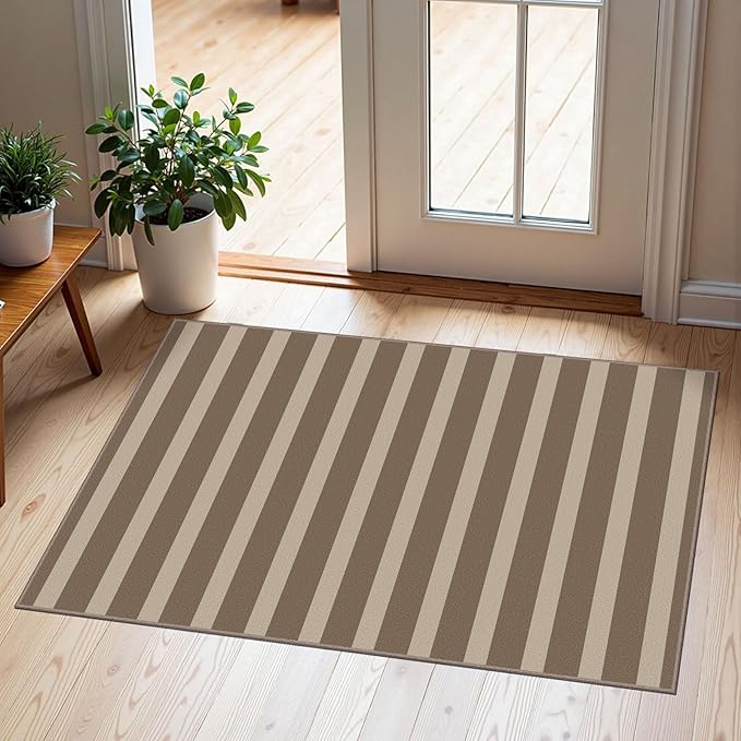 Front Door Mat Outside Entrance - 2x3 Brown Beige Striped Non-Slip Washable Doormat Indoor Outdoor Mat Entry Rug Small Layered Area Rug for Entryway Kitchen Front Porch Decor