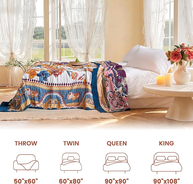 MSGKV Boho Throw Blanket 50"x60" Couch Floral 100% Cotton Blanket Spring Breathable Lightweight Blankets for Sofa All Seasons Home Decor Muslin