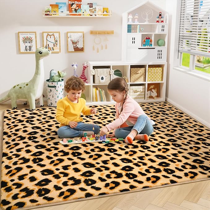 Amearea Soft Leopard Rugs for Bedroom Living Room, 4x6 Modern Cheetah Print Thickened Memory Foam Rug, Fluffy Indoor Washable Animal Rug Carpet for Kids Boys Girls Dorm Nursery Room Home Decor, Khaki