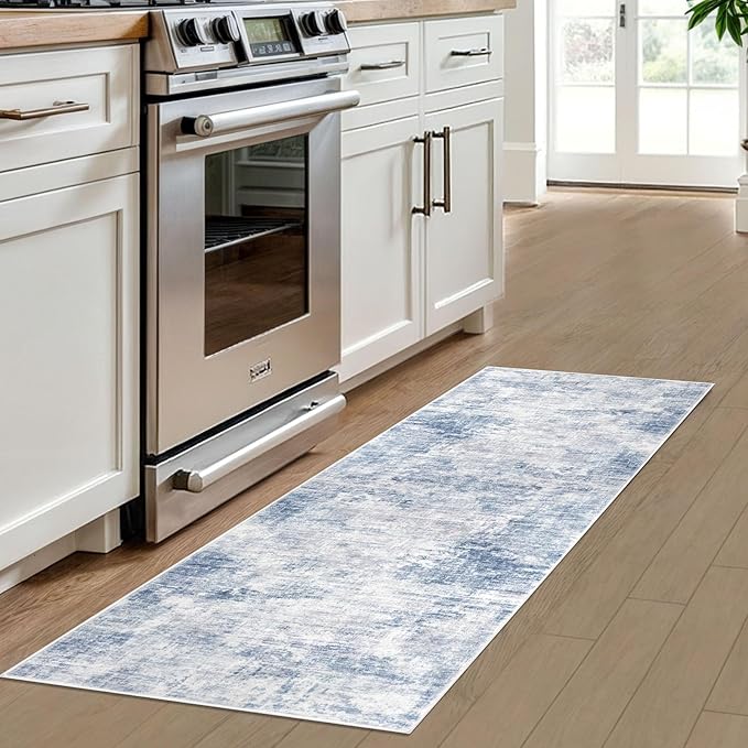 IOHOUZE Abstract Runner Rug 2x6 Ft Washable Runners for Hallways, Non Slip Kitchen Runner Printed Faux Wool Entryway Runner Indoor, Modern Abstract Floor Carpet for Hall Bedroom, Light Blue Grey