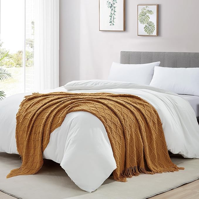 BOURINA Almond Throw Blanket 50 x70 Inches Jacquard Argyle Throw Textured Solid Soft Throws and Blankets for Sofa or Bed Knitted Decorative Blanket
