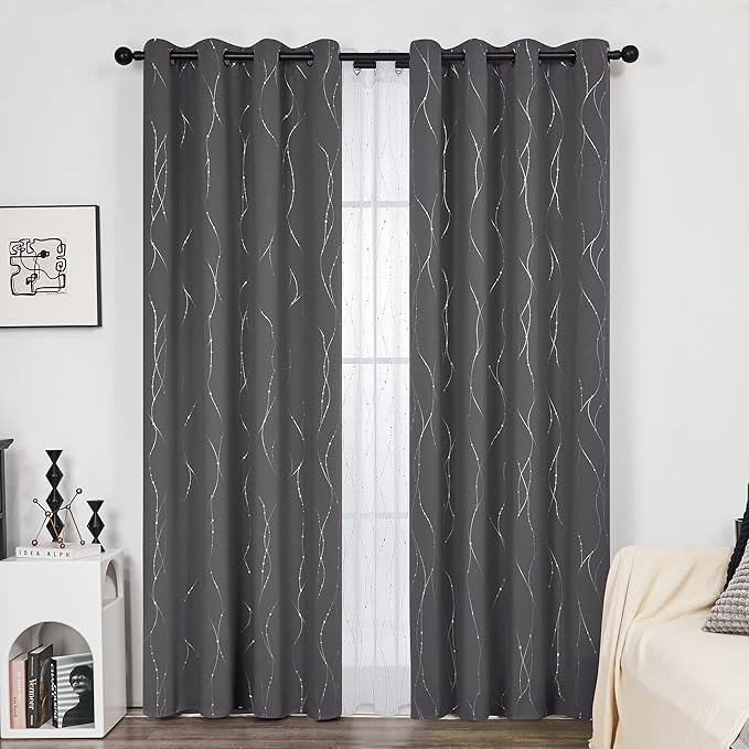 Deconovo Grey Blackout Curtains for Living Room, Thermal Insulated Soundproof Drapes, Wave Dots Foil Print, 52 x 95 Inches Long, 2 Panels, Machine‑Washable Window Panel for Bedroom Nursery Office