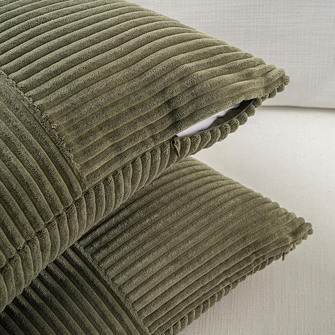 Fancy Homi 2 Packs Olive Green Lumbar Decorative Throw Pillow Covers 16x26 Inch for Living Room Couch Bed, Farmhouse Boho Home Decor, Soft Striped Corduroy Rectangle Accent Cushion Case 65x40 cm