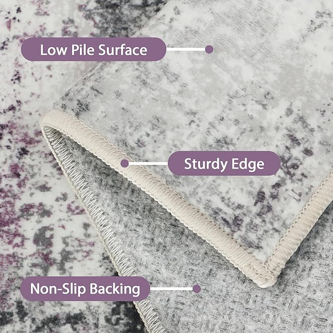 Area Rugs 8x10 for Living Room Bedroom, Modern Abstract Machine Washable Rug, Large Soft Low Pile Floor Carpet with Non Slip Backing for Dining Room, Grey/Purple