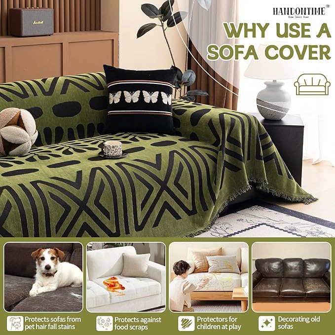 HANDONTIME Boho Couch Cover Geometric Striped Pet Covers for Couches and Sofas Olive Green and Black Dog Cover for Couch Pet Friendly Chenille Sectional Sofa Covers for Pets Washable, 71" X 118"