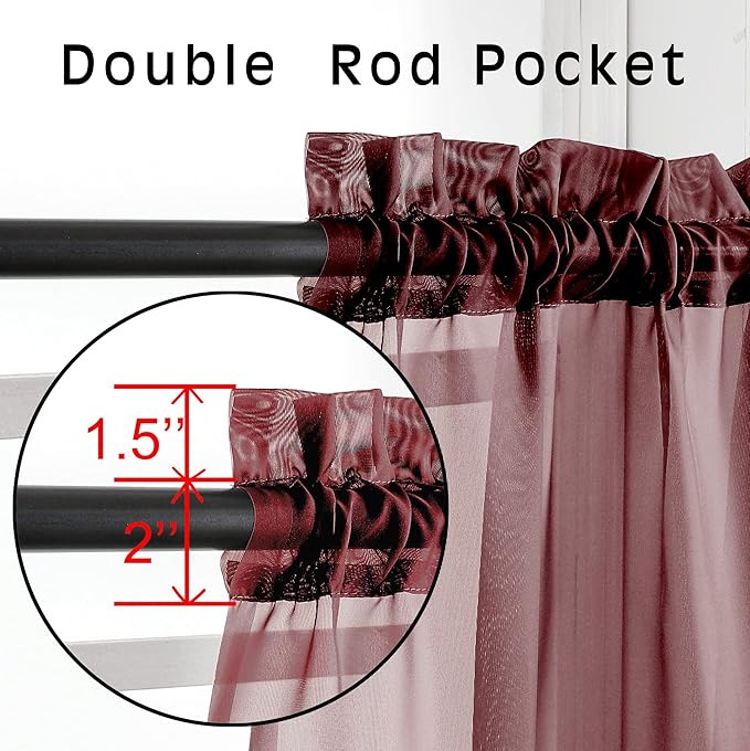 OVZME 2 Panels Window Burgundy Sheer Curtains 42" x 45" Inches for Small Windows, Soft Touching Top Dual Rod Pocket Drapes for Living Room & Bedroom.