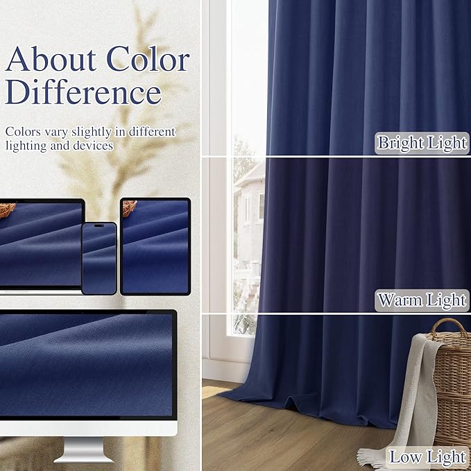 Guken 100% Blackout Curtains 96 Inch Length 2 Panels Set for Living Room Bedroom Back Tab Thermal Insulated Black Out Linen Drapes Room Darkening Window Curtains 96 Inches Long,Classic Blue