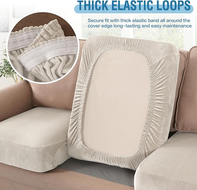 H.VERSAILTEX Velvet Stretch Couch Cushion Cover Plush Cushion Slipcover for Chair Loveseat Sofa Cushion Furniture Protector Seat Cushion Sofa Cover (3 Piece Sofa Cushion Covers, Ivory Striped)